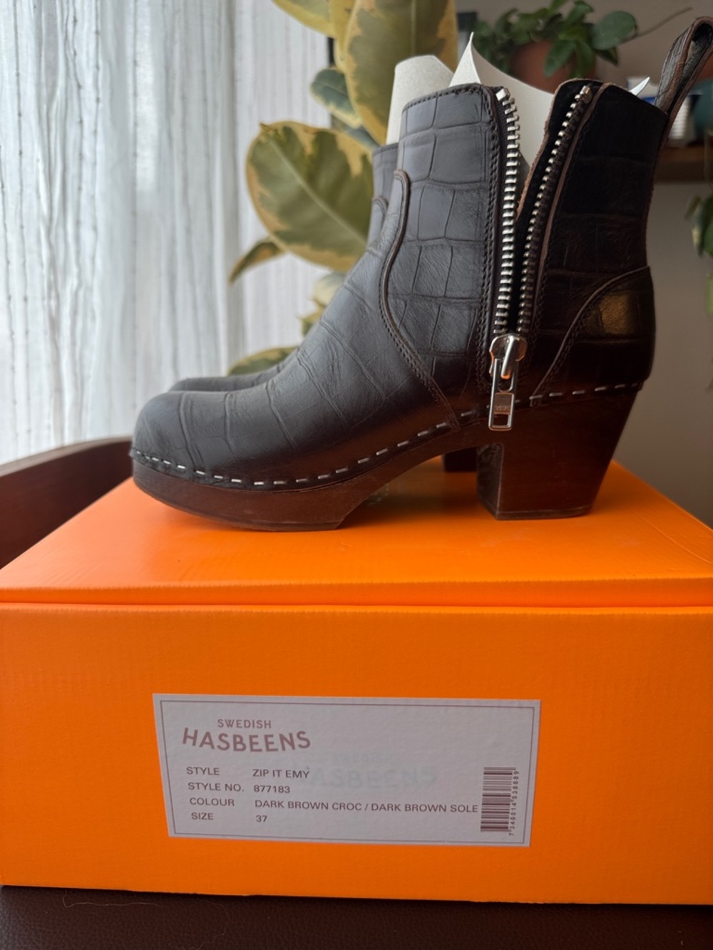 Swedish Hasbeens Dark Brown Croc Zip-Detail Ankle Booties
